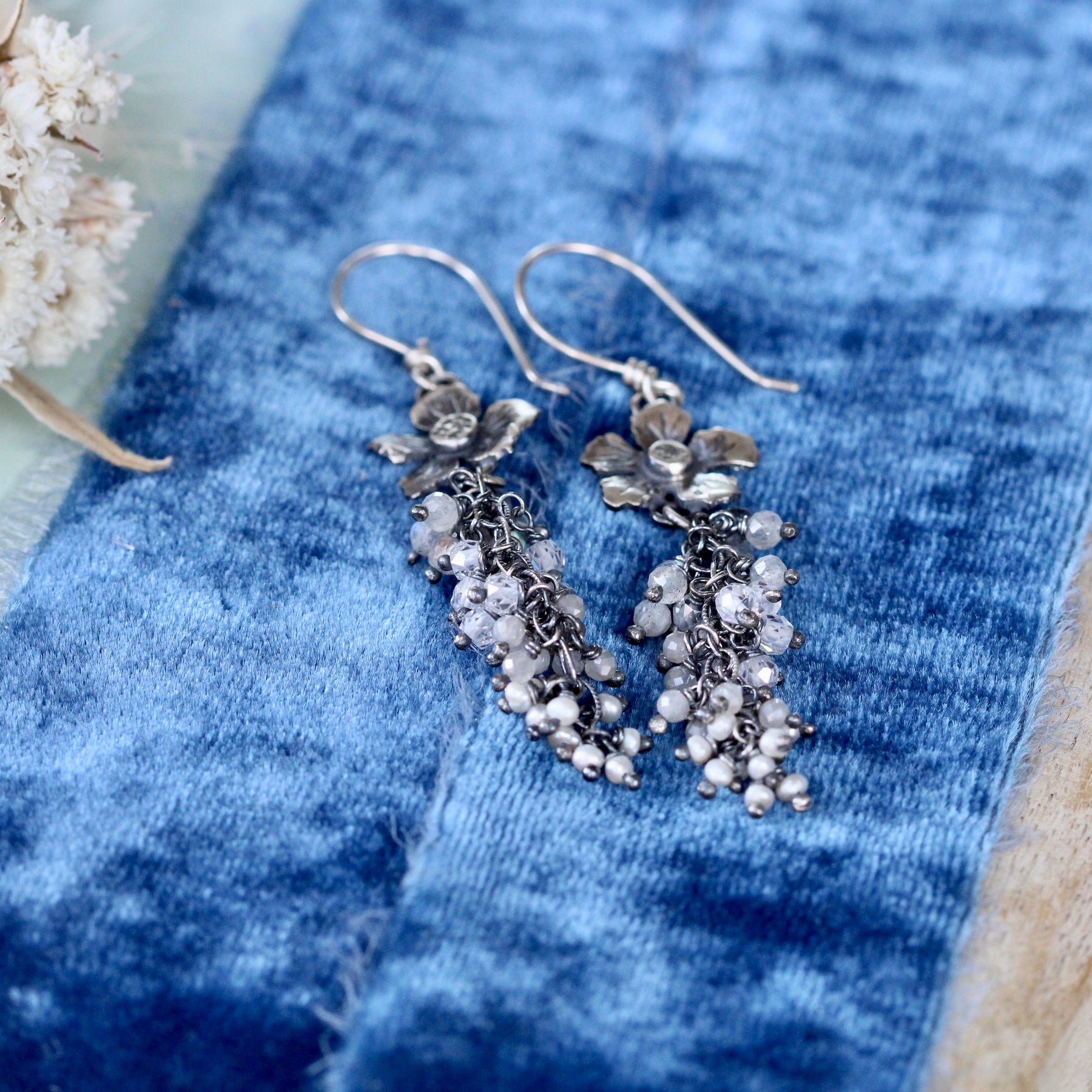 Sterling Silver Blossom Earrings with Labradorite, Moonstone, CZ & Pearls