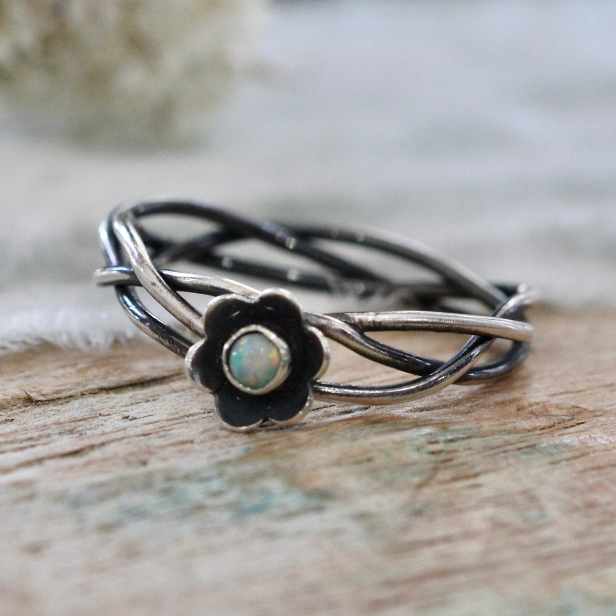 Kindred Woven Sterling Silver Ring with Flower and Birthstone