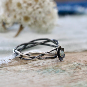 Kindred Woven Sterling Silver Ring with Flower and Birthstone