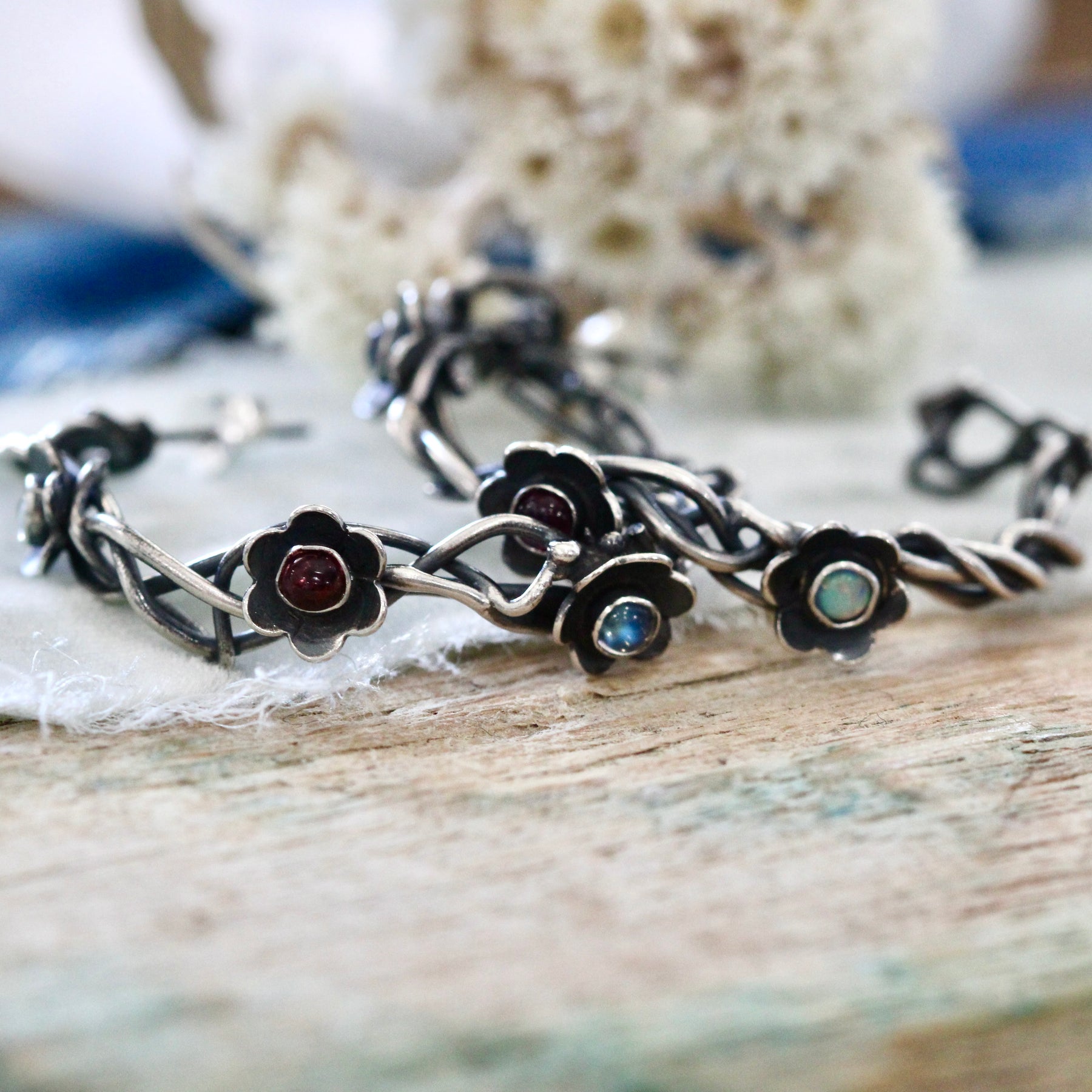 Kindred Woven Sterling Silver Hoop Earrings with Flowers and Gemstones
