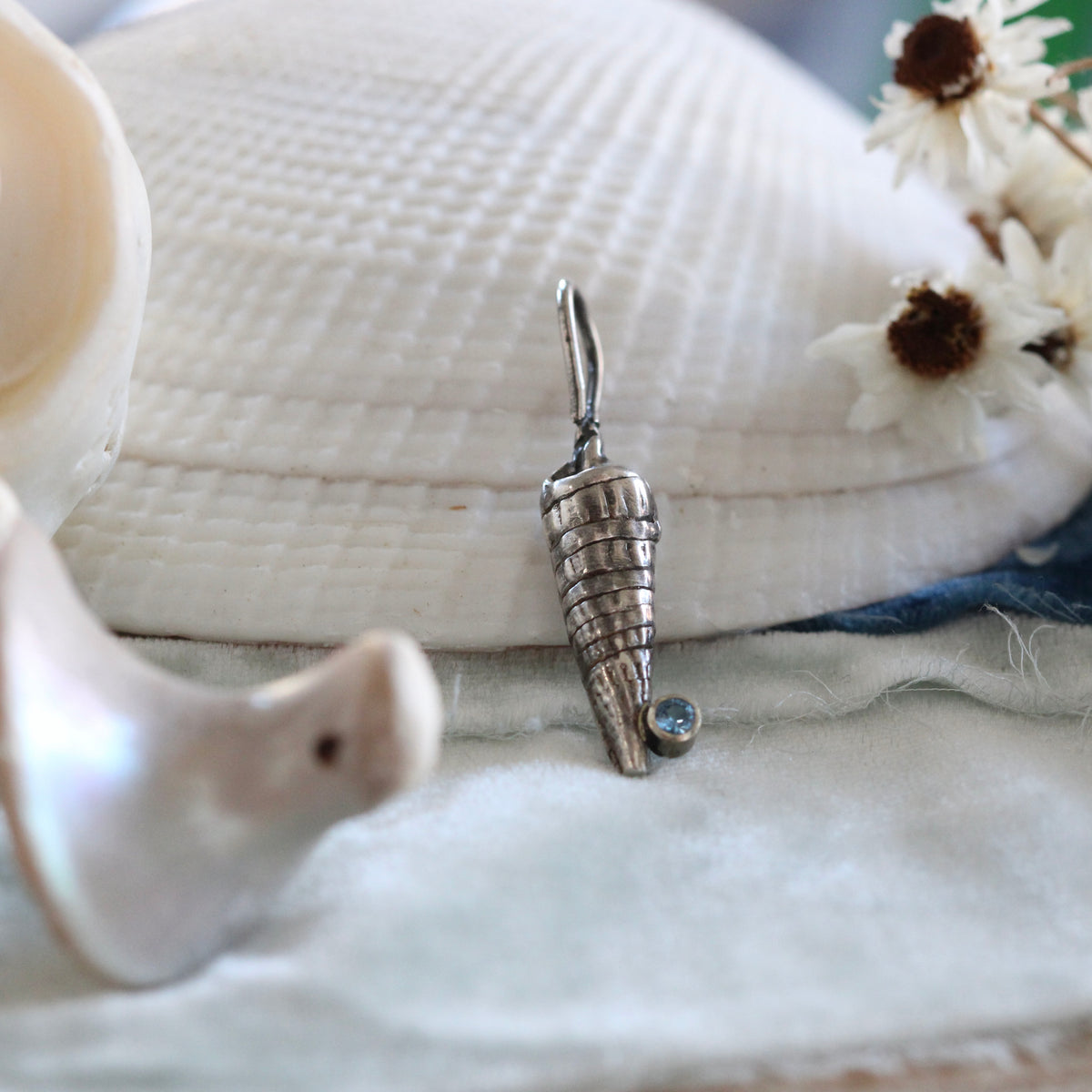 Long Spiral Shell with blue topaz Charm Pacific Coast Collection