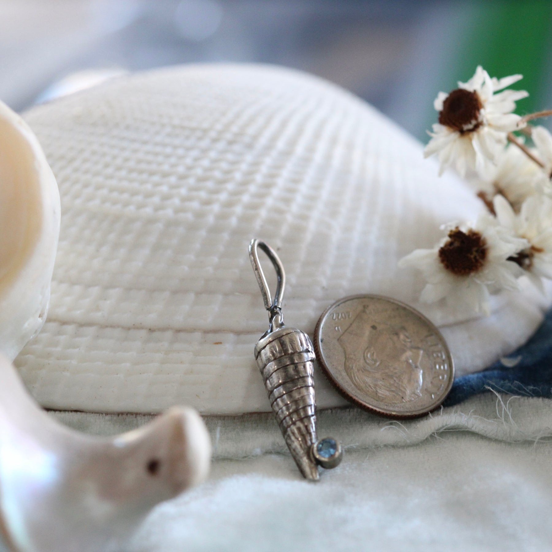 Long Spiral Shell with blue topaz Charm Pacific Coast Collection