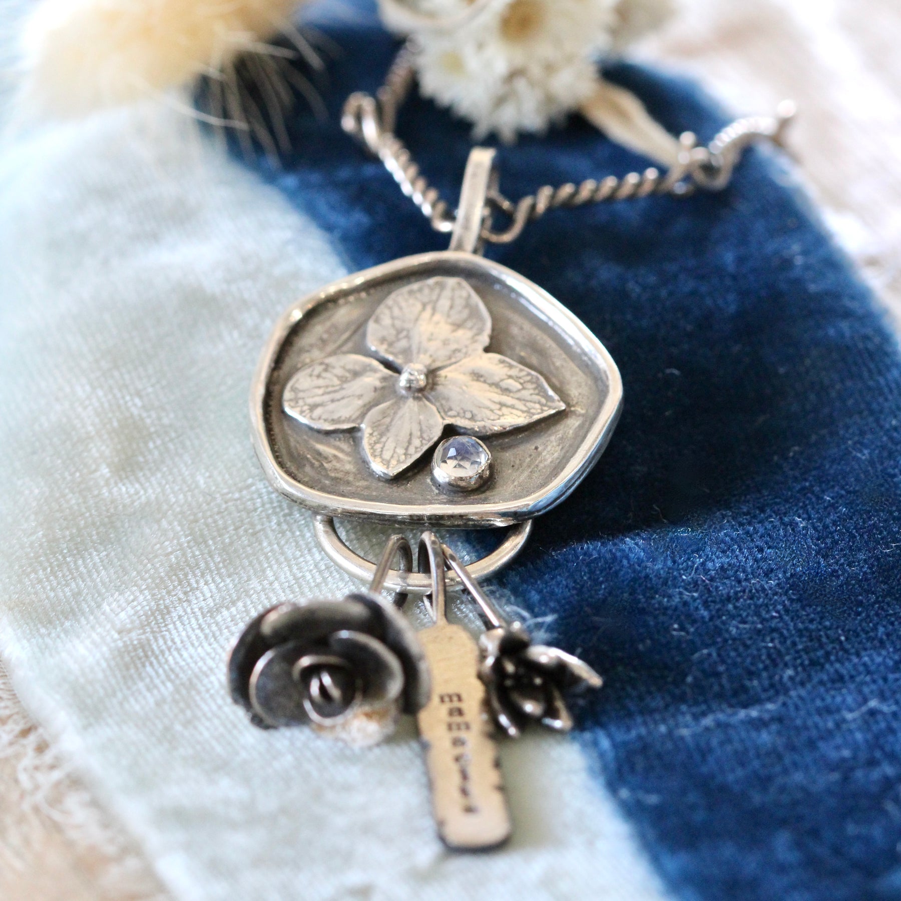 Hydrangea and Moonstone Charm Keeper Pendant