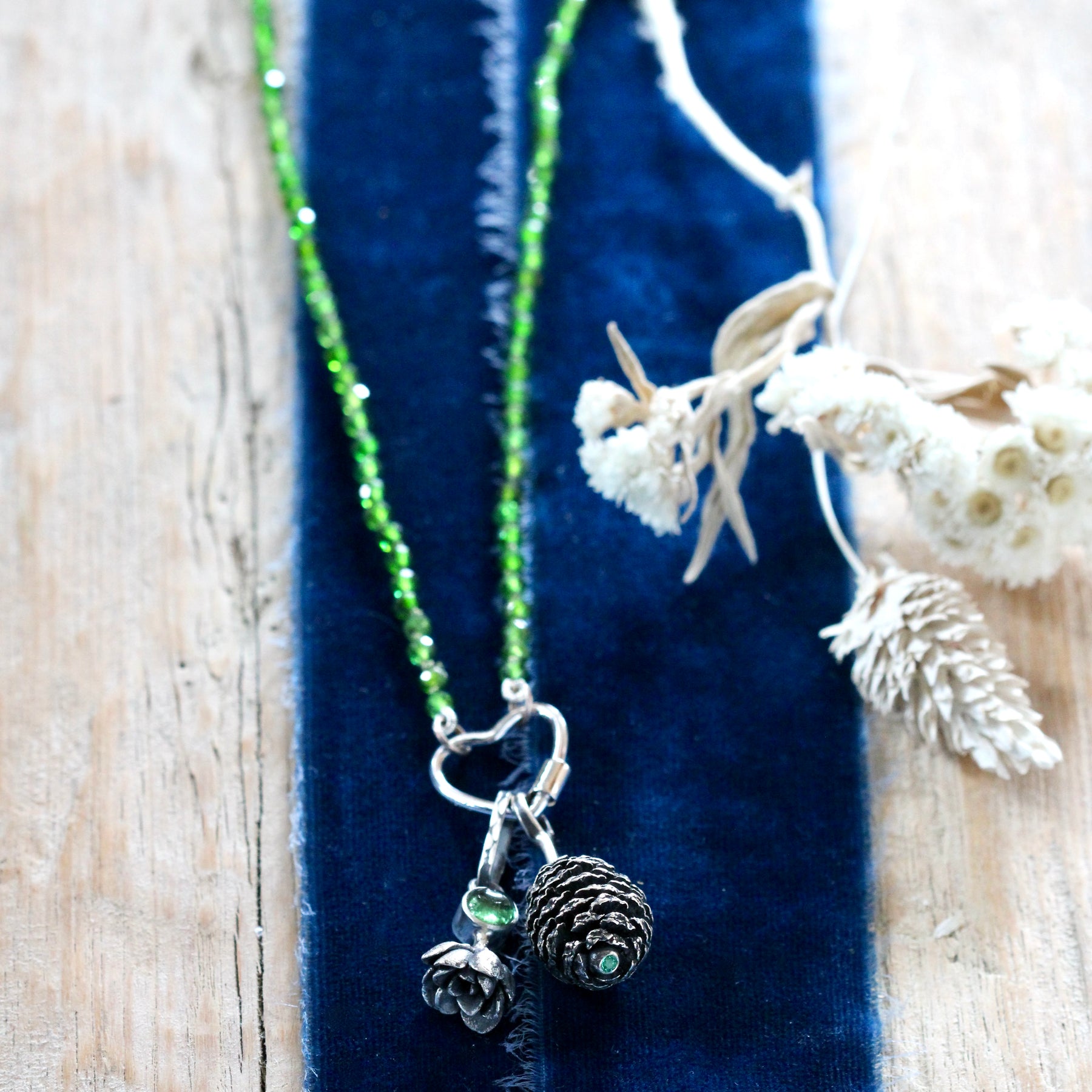 Cedar Pine Cone with Emerald Botanical Charm