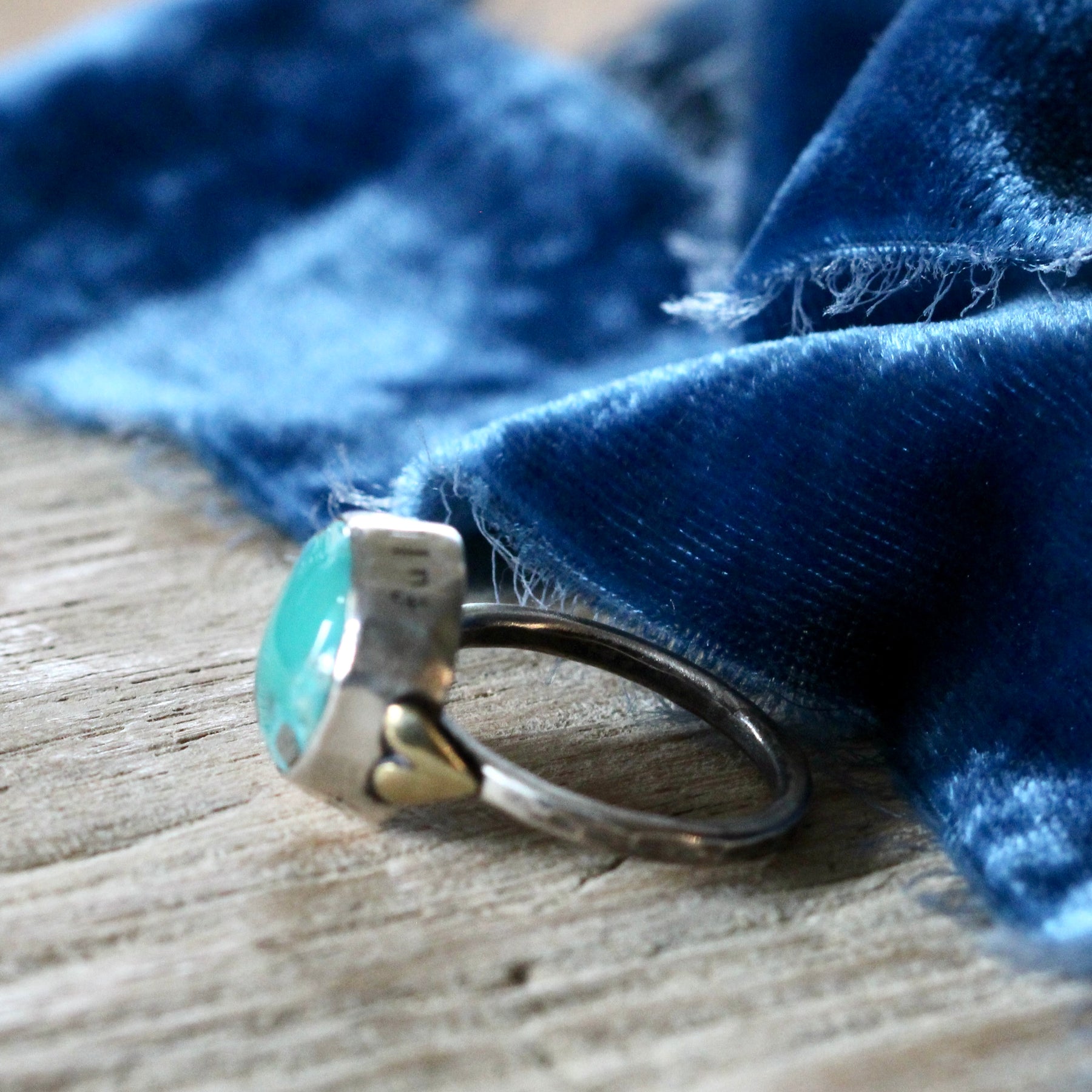 Turquoise Ring with Bronze heart and inscription on bezel ARCHIVE SALE