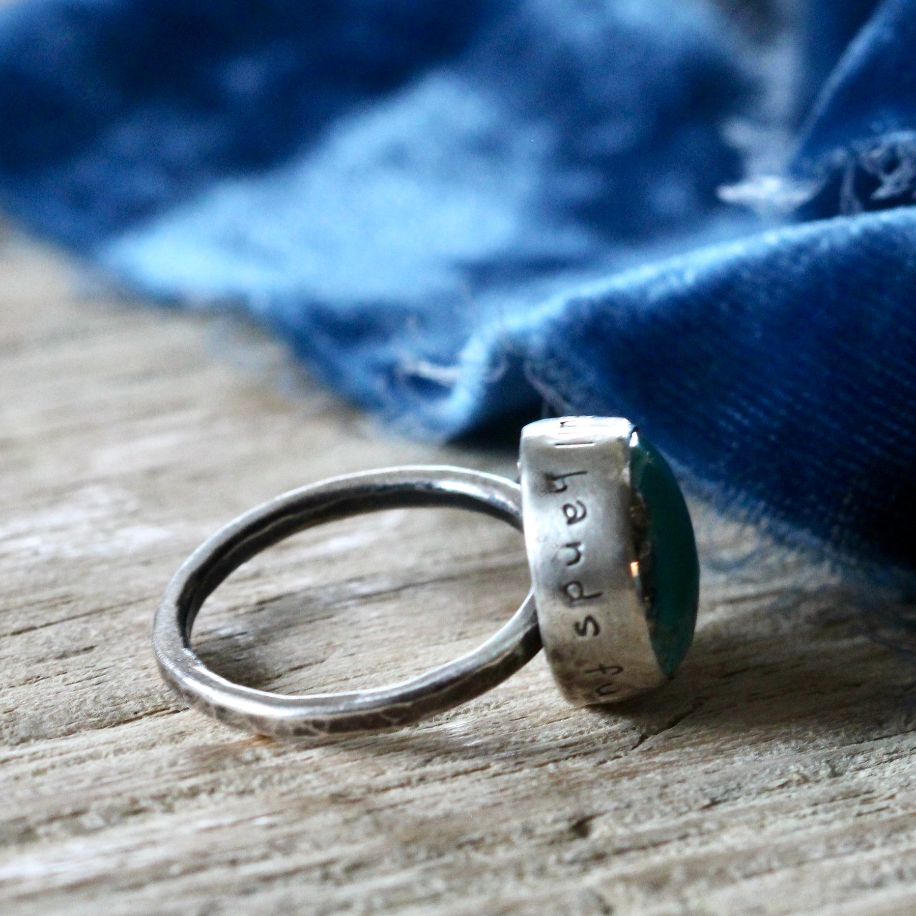 Turquoise Ring with Bronze heart and inscription on bezel ARCHIVE SALE