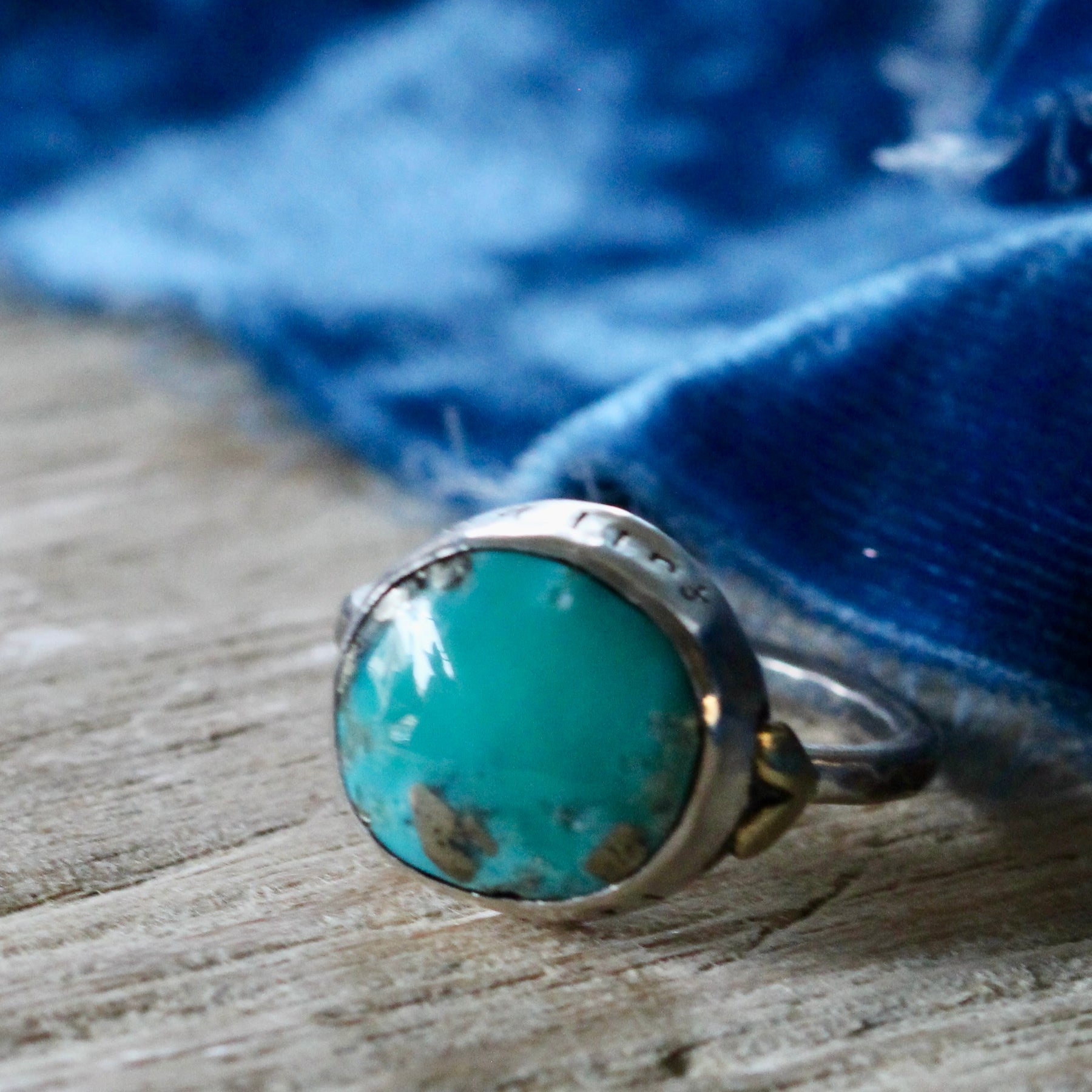 Turquoise Ring with Bronze heart and inscription on bezel ARCHIVE SALE