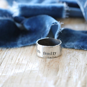 Faith Family Love sterling silver cigar band style ring