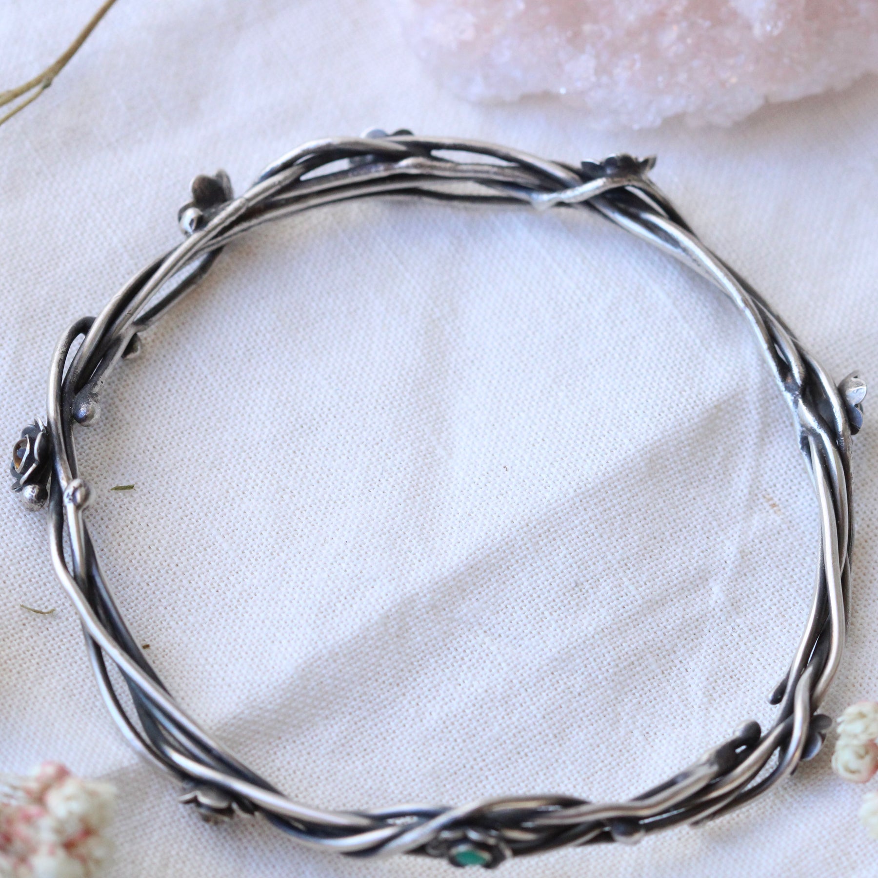 Kindred Bangle Woven Sterling Silver and Flowers with Birthstones