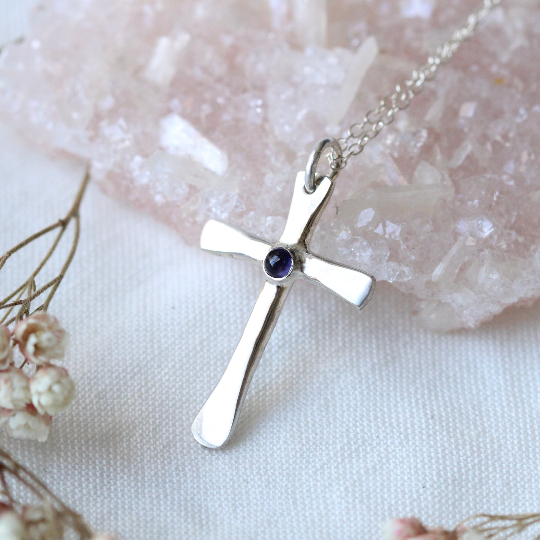 Sterling silver birthstone cross necklace