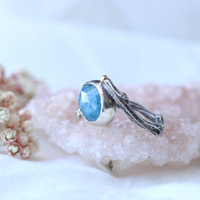Aquamarine and sterling silver branch ring with 14k gold accent