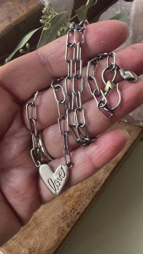 LOVE NOTES Sculpted  Love Heart on handmade Paper clip sterling silver Necklace