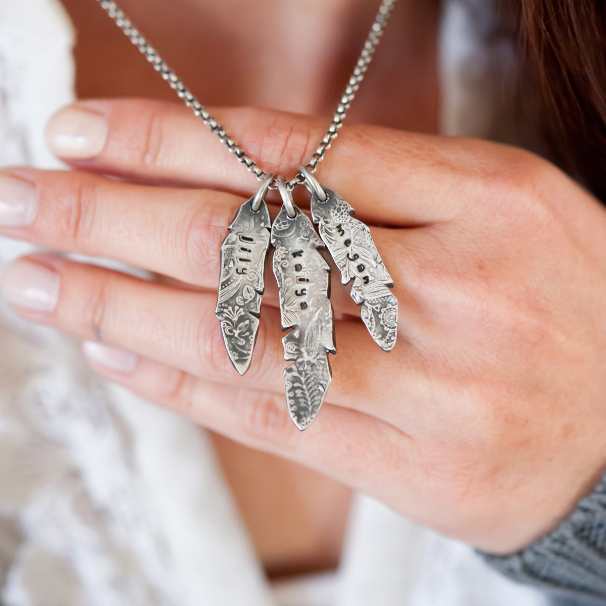 Warrior Heart Silver Feather Trio Necklace