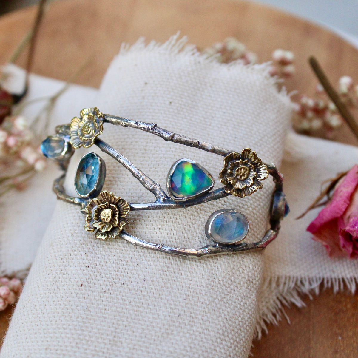 Midsummer Night's Dream Gemstone and Poppy Cuff Bracelet