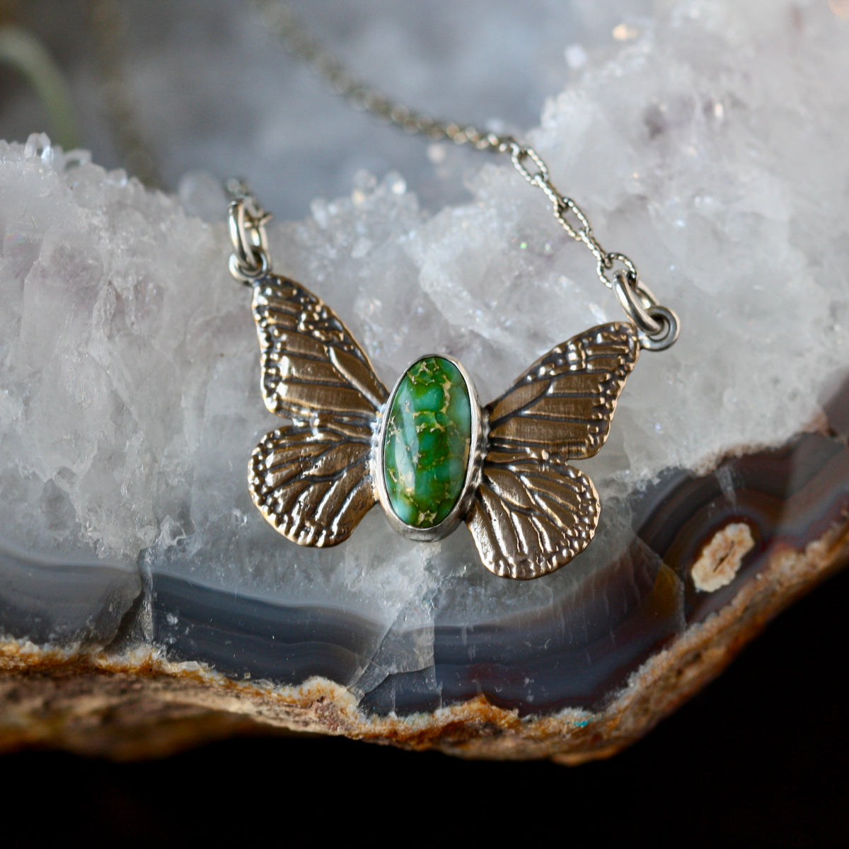 Monarch Butterfly Turquoise Bronze And Sterling Silver Necklace