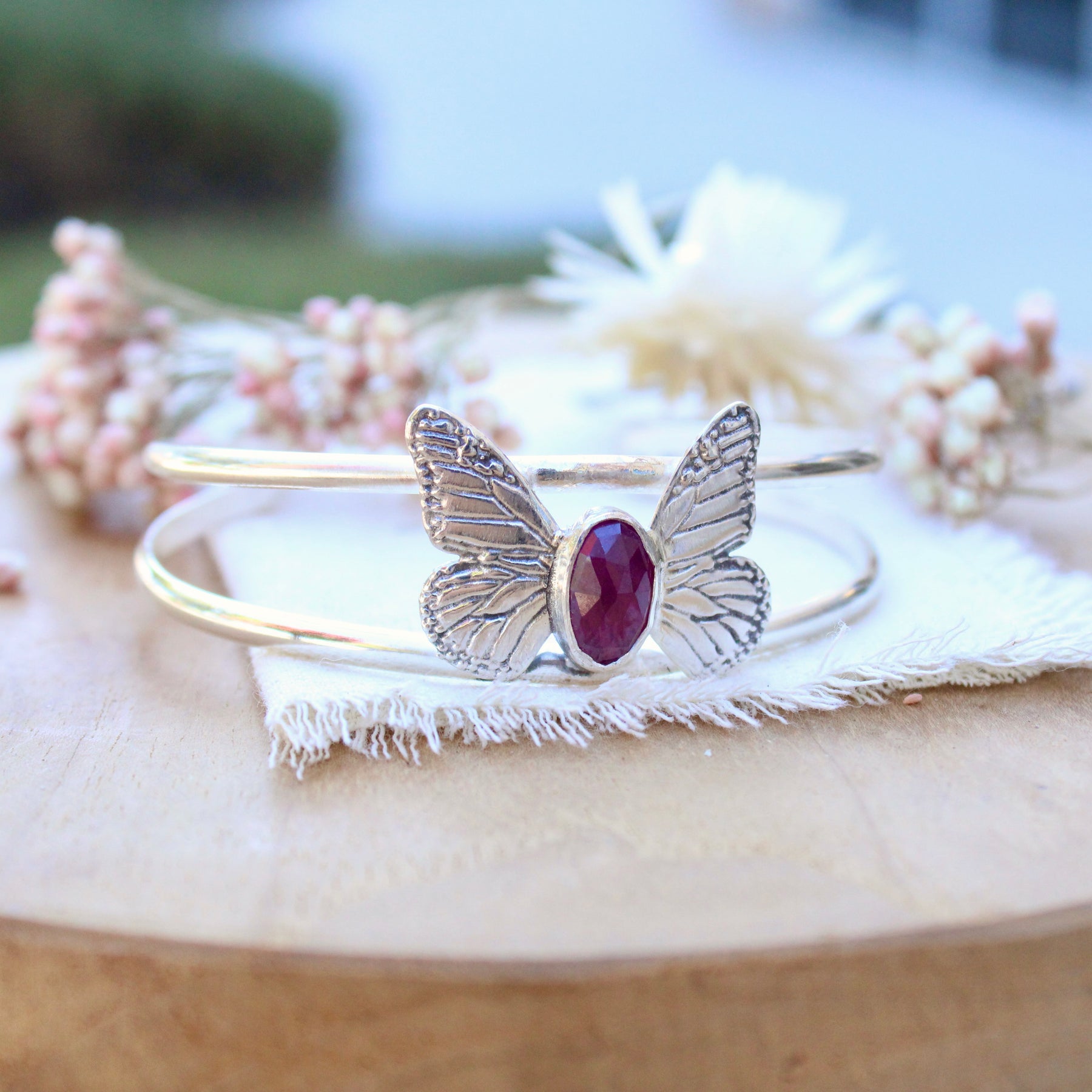 Monarch Butterfly With Pink Sapphire Cuff Bracelet