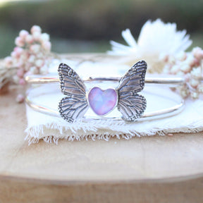 Monarch Butterfly With an Opal Heart Cuff Bracelet