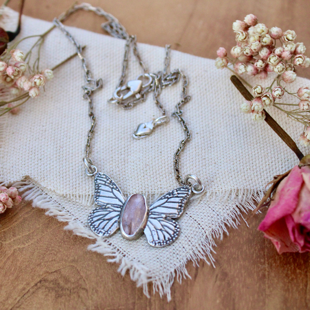 Monarch Butterfly Morganite And Sterling Silver Necklace