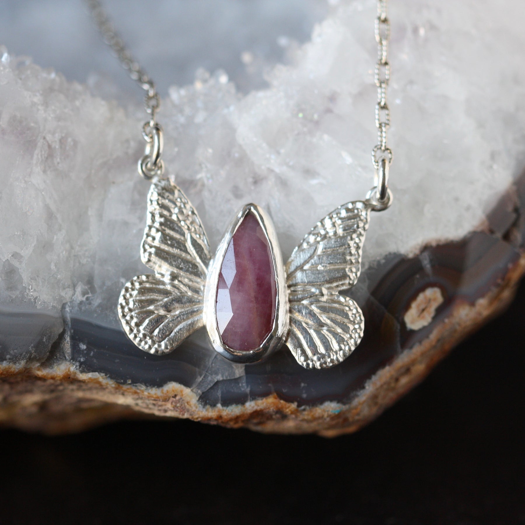 Monarch Butterfly Ruby and Sterling Silver Necklace