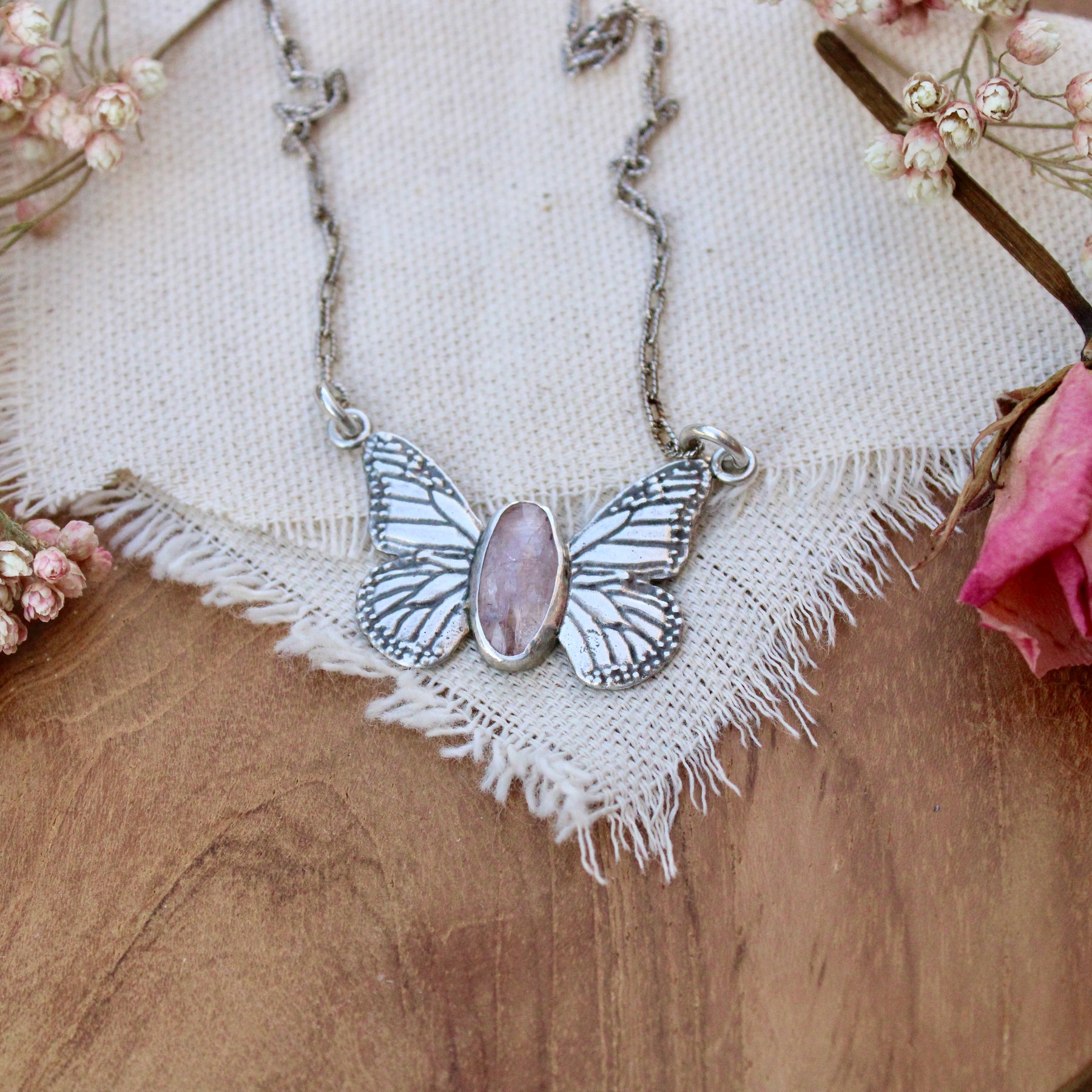 Monarch Butterfly Morganite And Sterling Silver Necklace