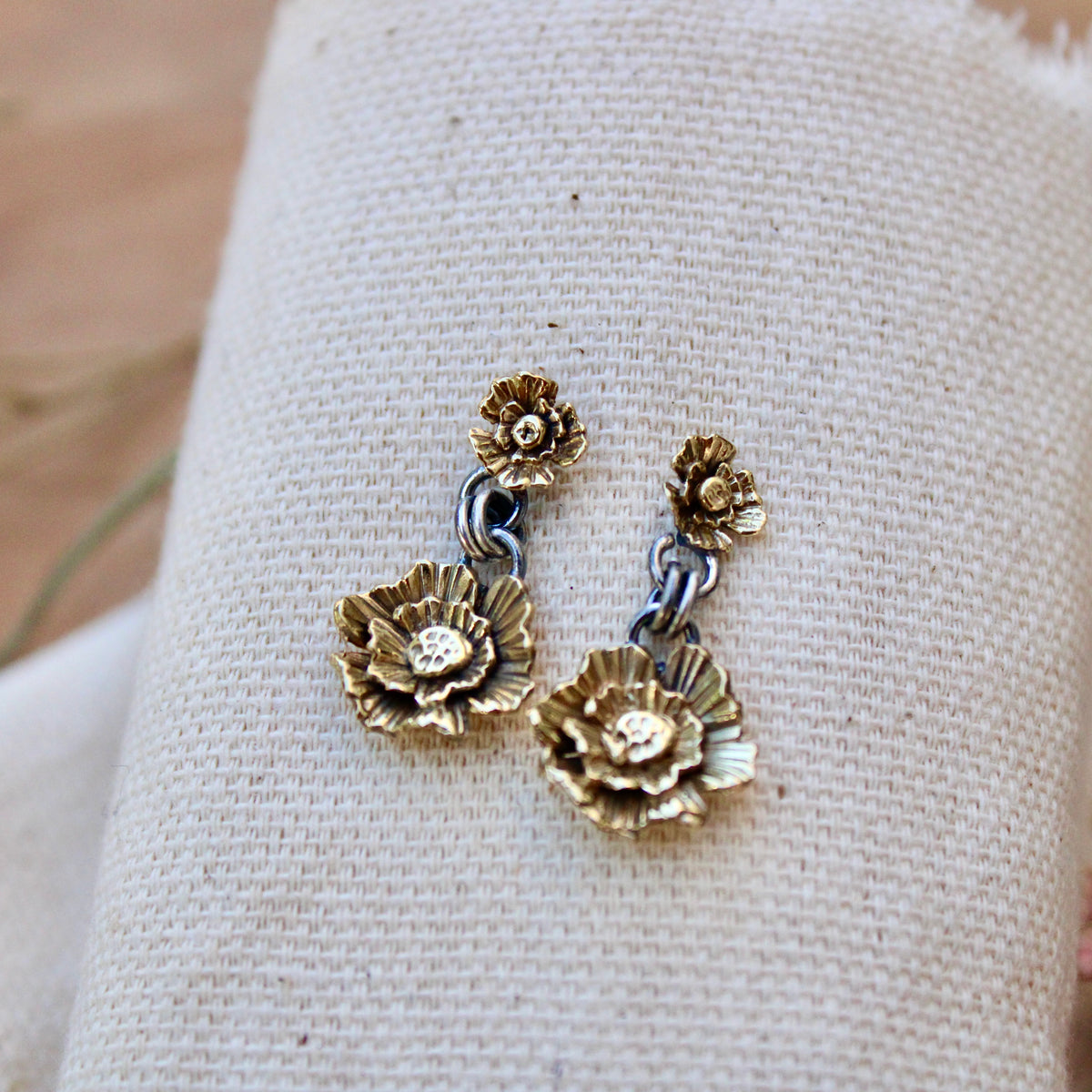 Summer Poppy Duo Bronze and Silver Post Earrings