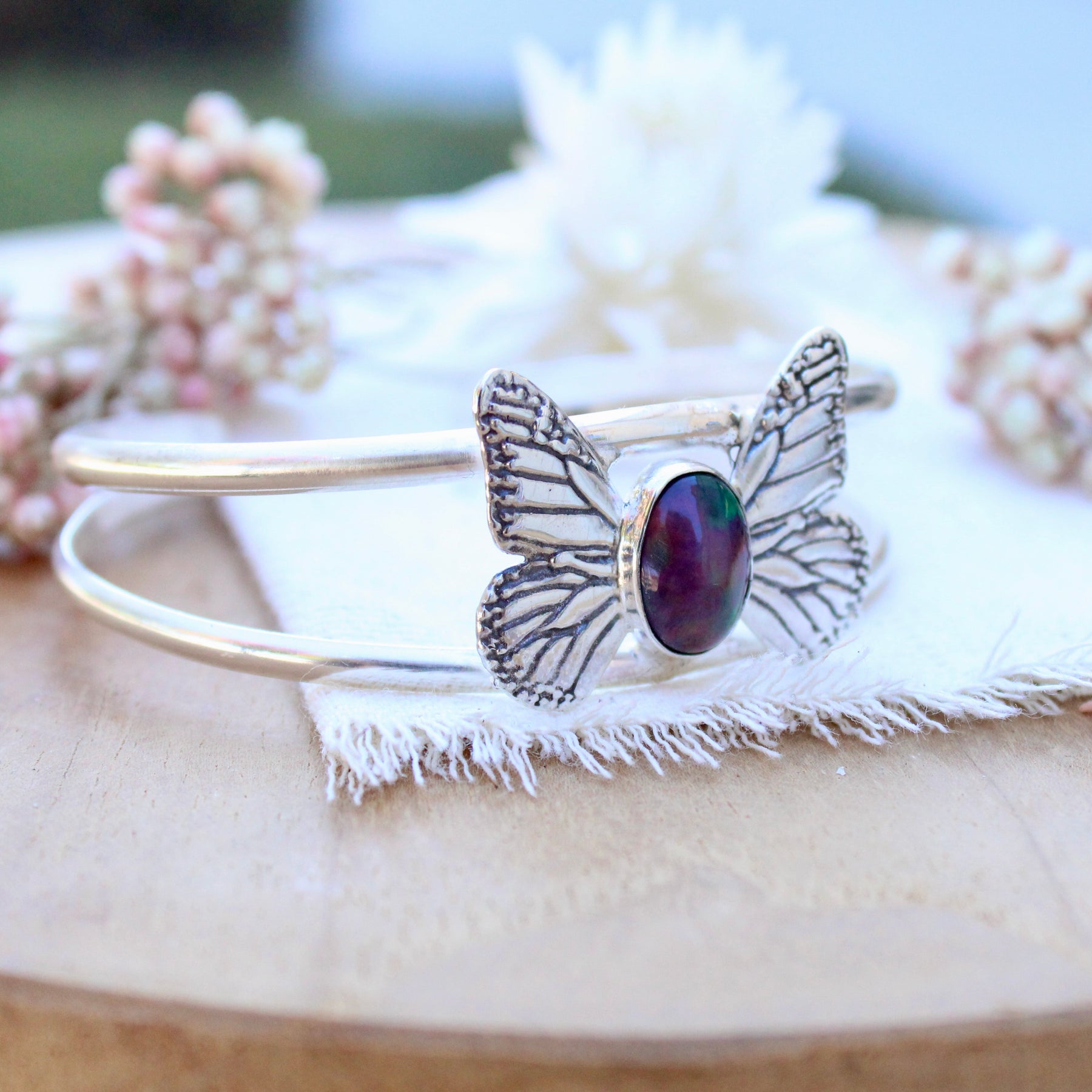 Monarch Butterfly With Black Opal Cuff Bracelet