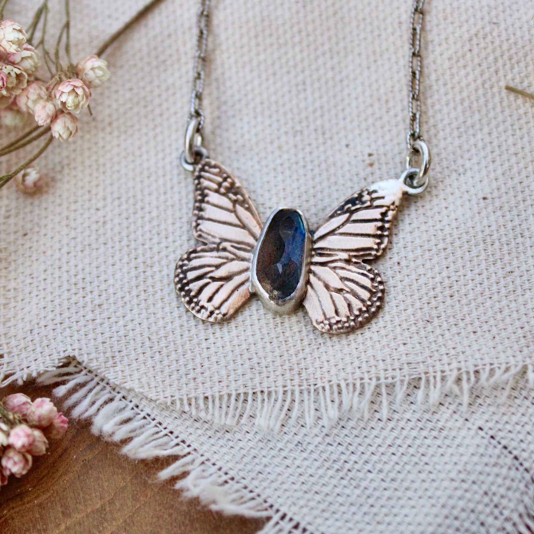 Monarch Butterfly Labradorite Bronze And Sterling Silver Necklace