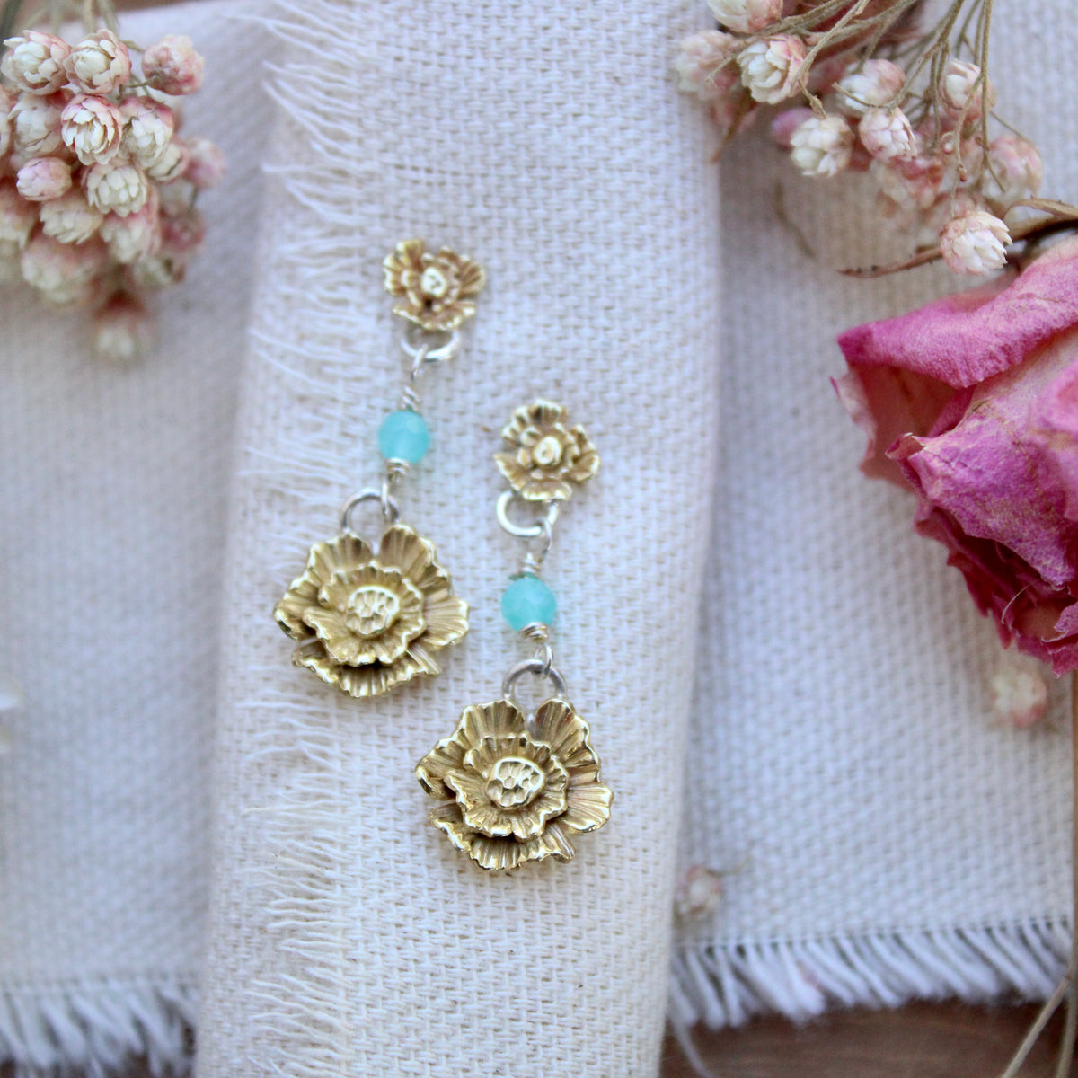 Summer Poppies Bronze Post Earrings With Amazonite