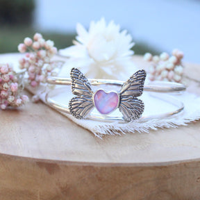 Monarch Butterfly With an Opal Heart Cuff Bracelet
