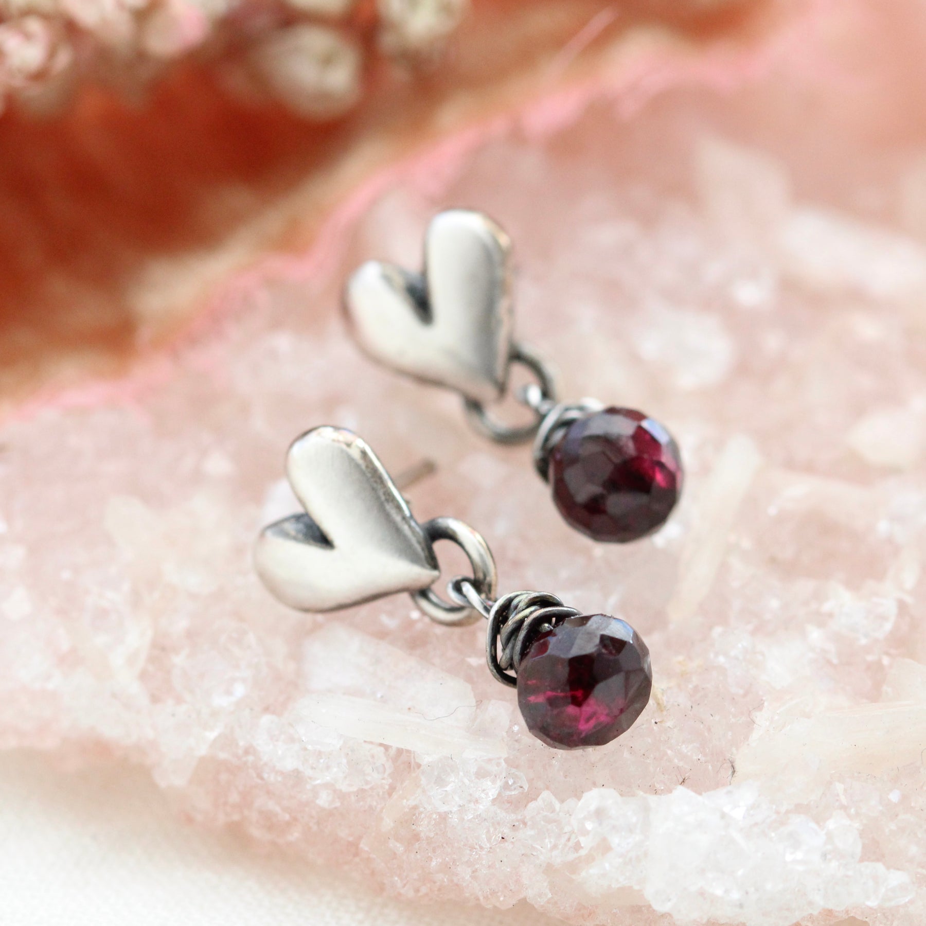 Sculpted Heart Garnet Drop Post Earrings