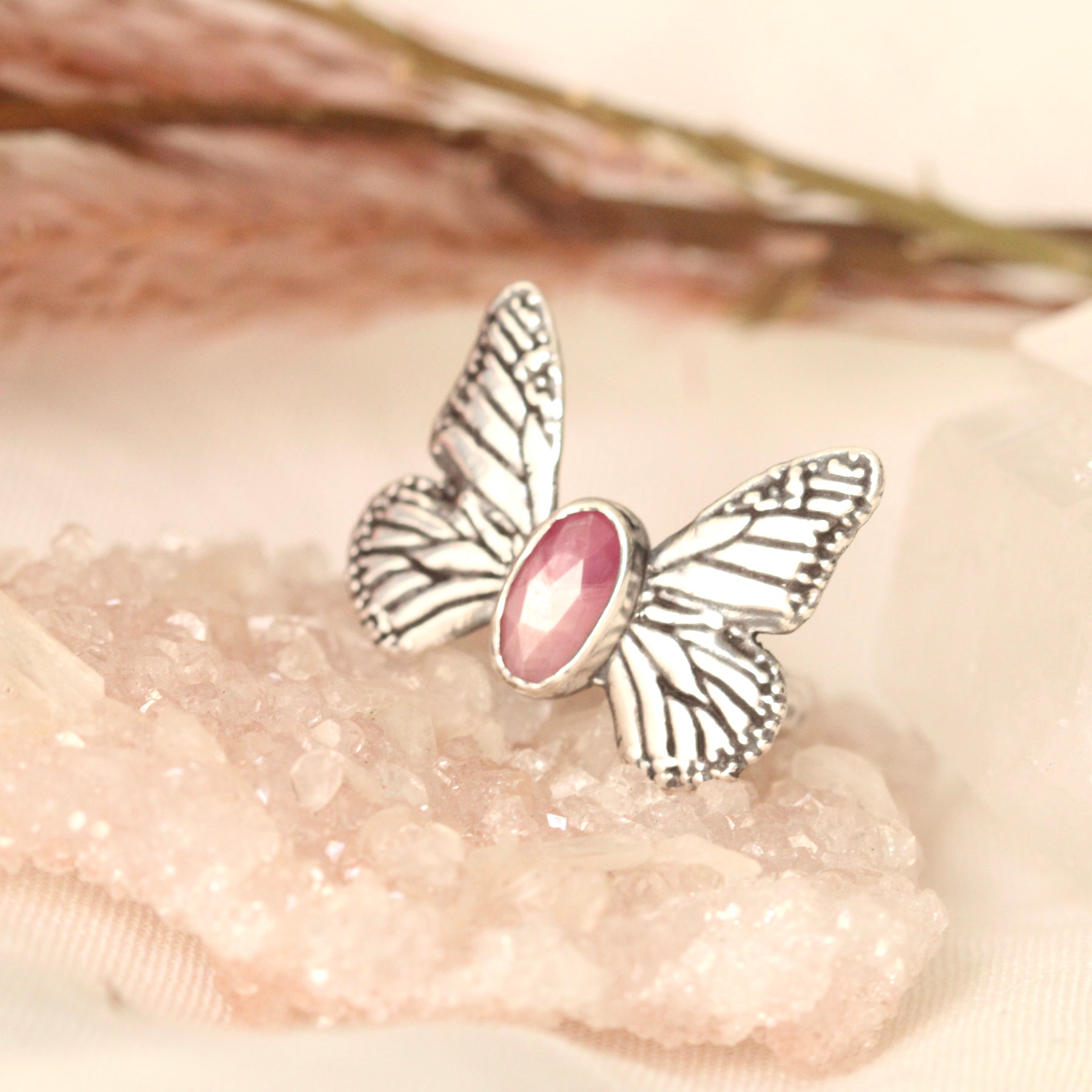 Monarch Butterfly Sterling Silver Ring with Ruby
