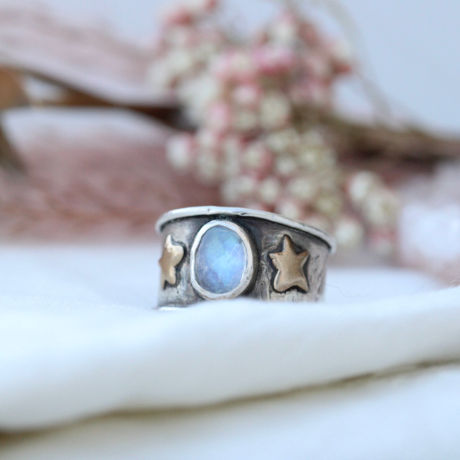 Moonstone sterling silver ring with stars