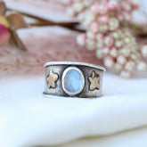 CLEARANCE SAMPLE SALE. Moonstone sterling silver ring with stars