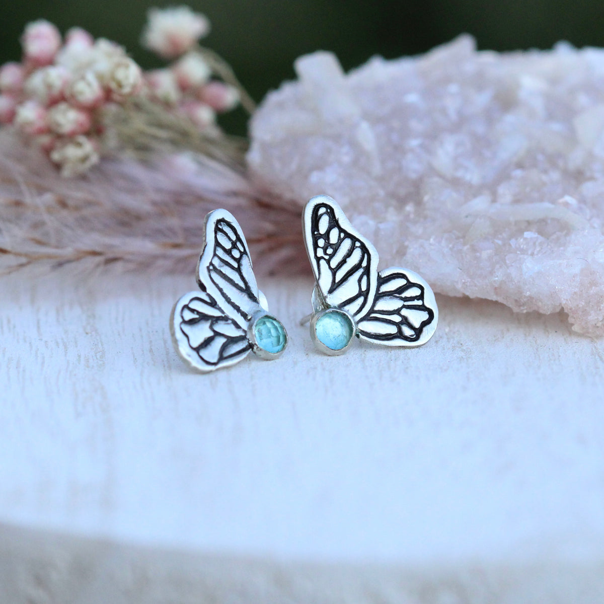 Painted Lady Butterfly post earrings with blue apatite