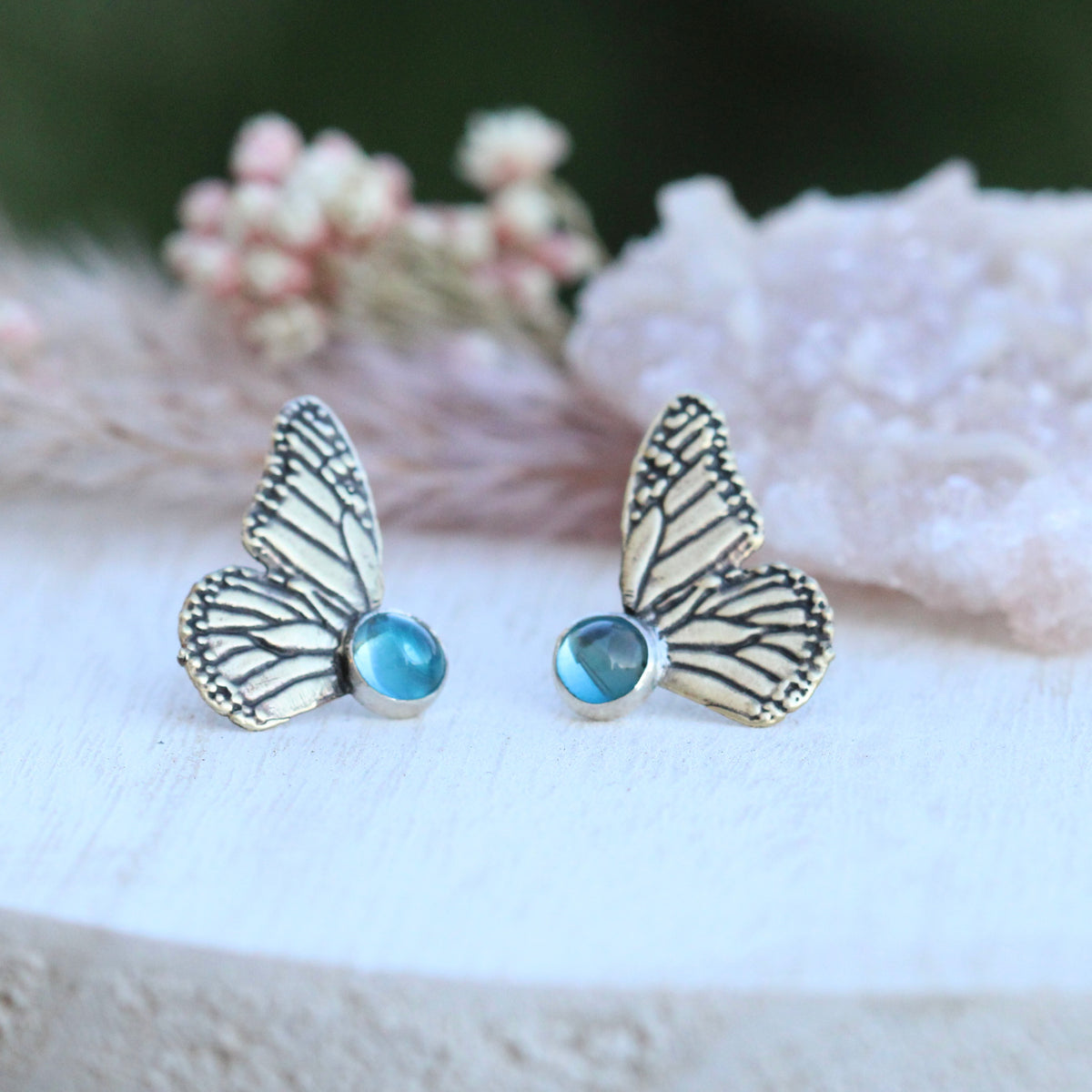Monarch Butterfly post earrings with blue topaz