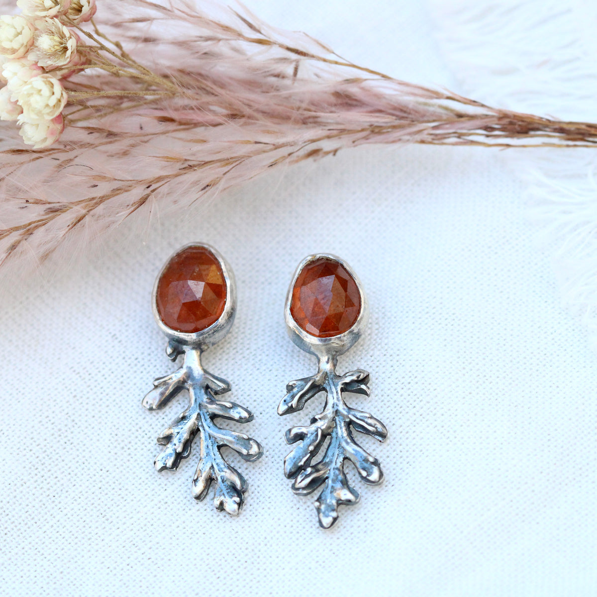 Poppy leaves and hessonite garnet earrings