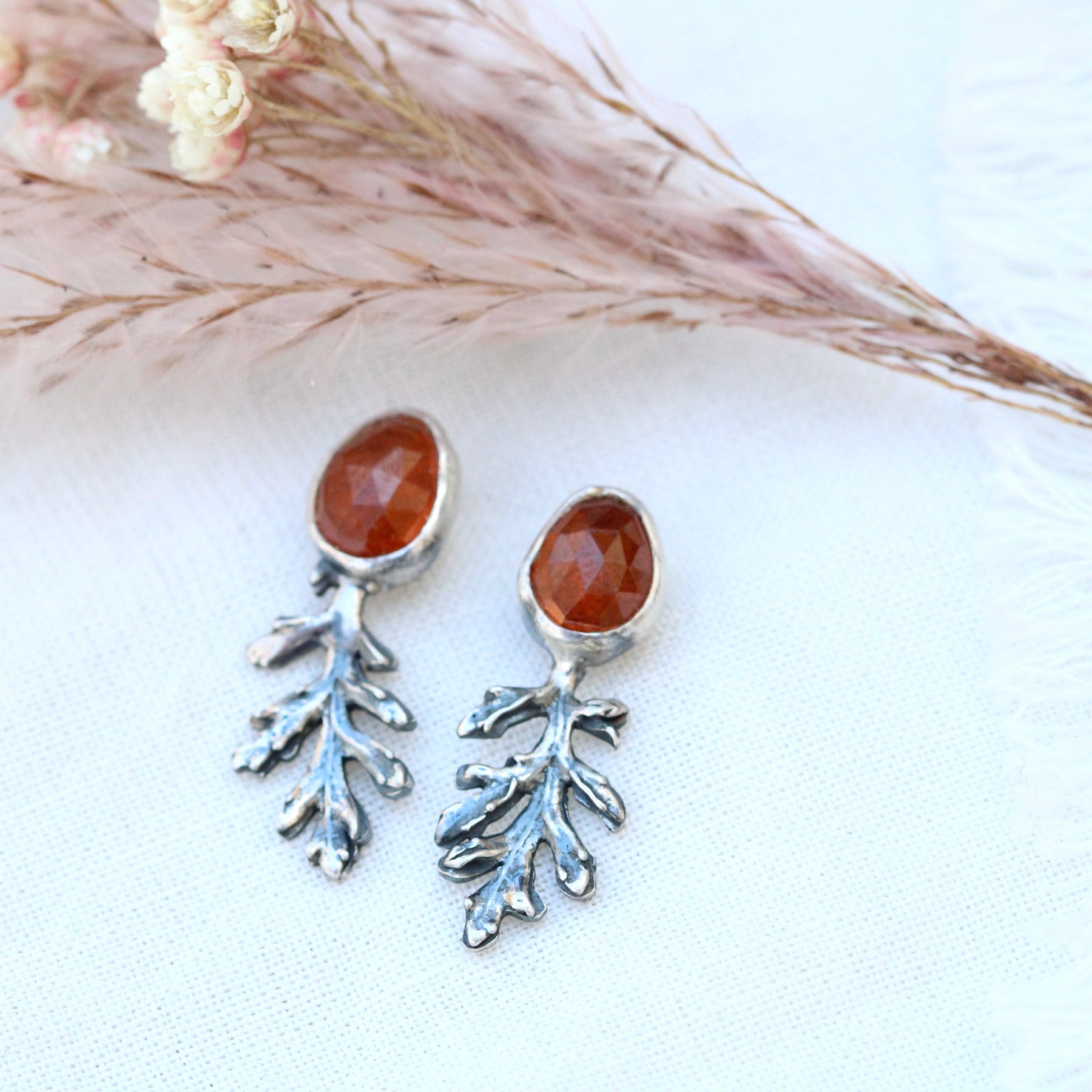 Poppy leaves and hessonite garnet earrings