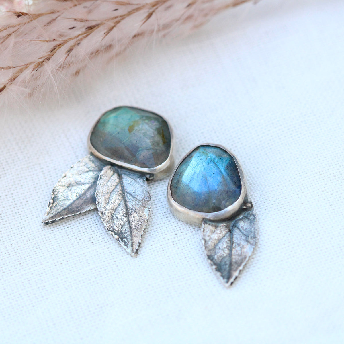 labradorite and rose leaves sterling silver post earrings
