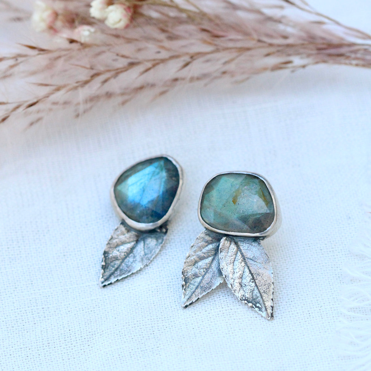 labradorite and rose leaves sterling silver post earrings
