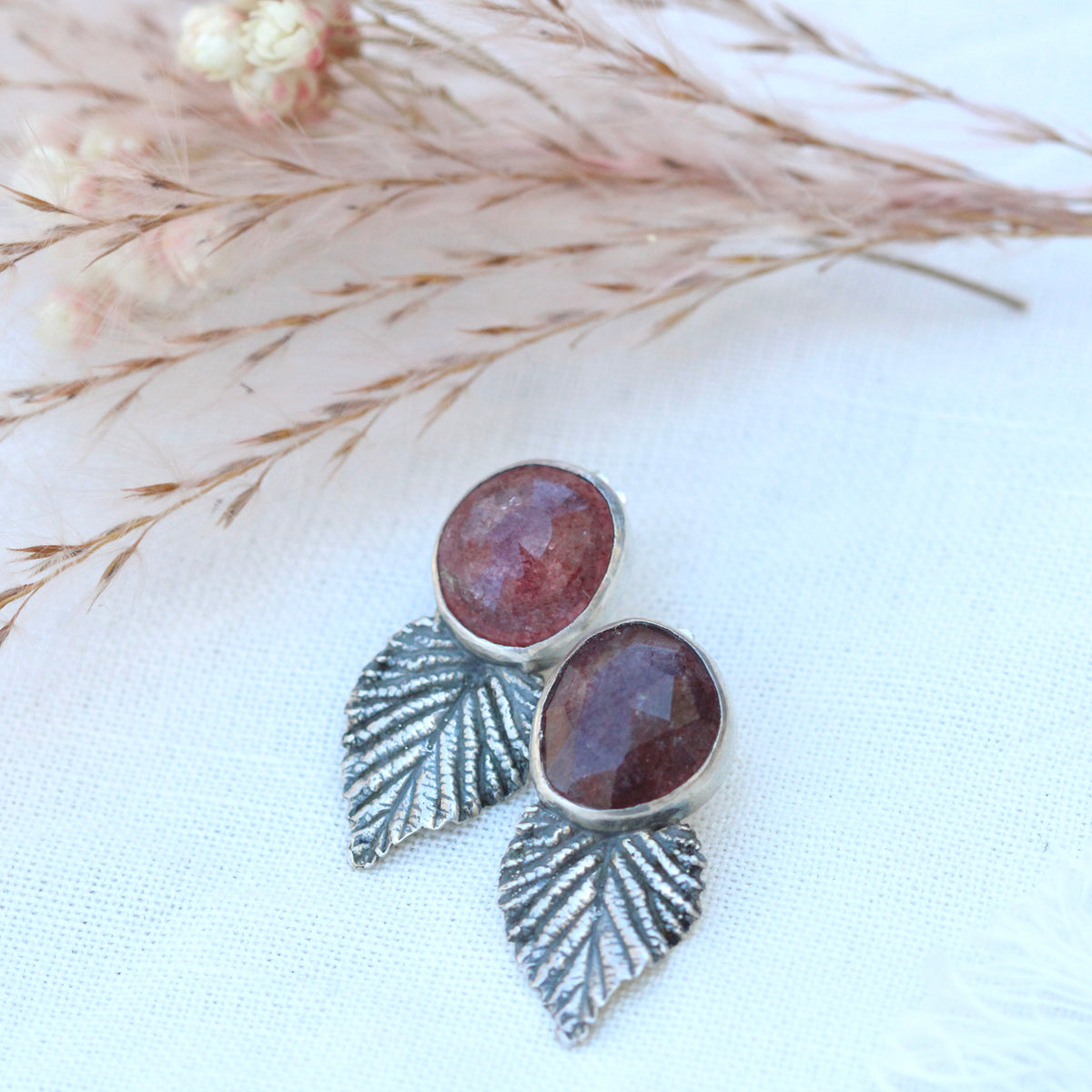 Strawberry quartz and sterling silver raspberry leaf post earrings