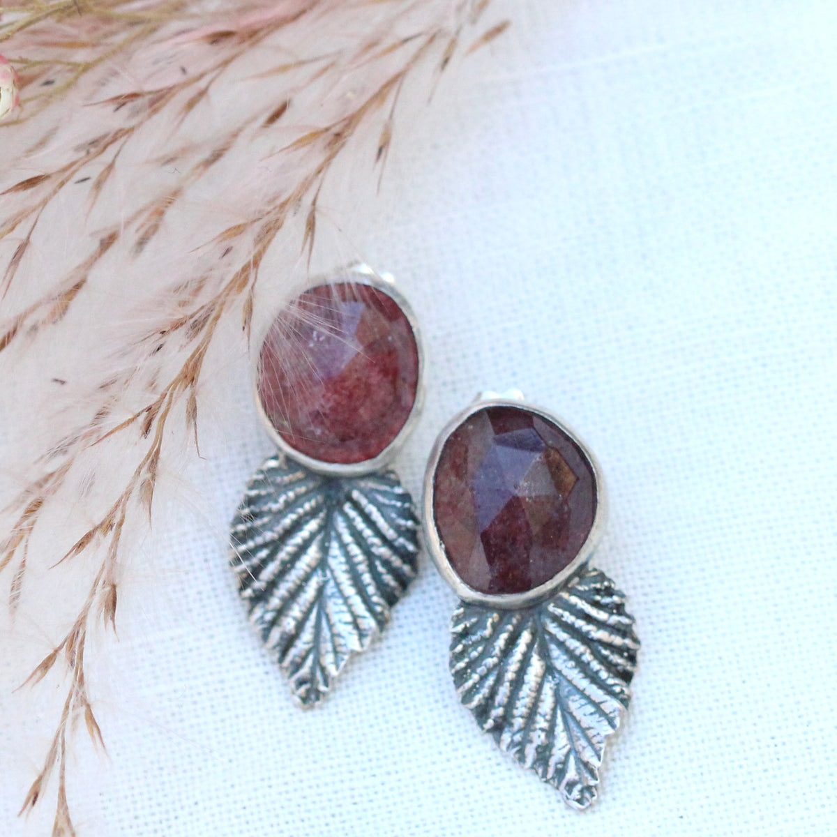 Strawberry quartz and sterling silver raspberry leaf post earrings
