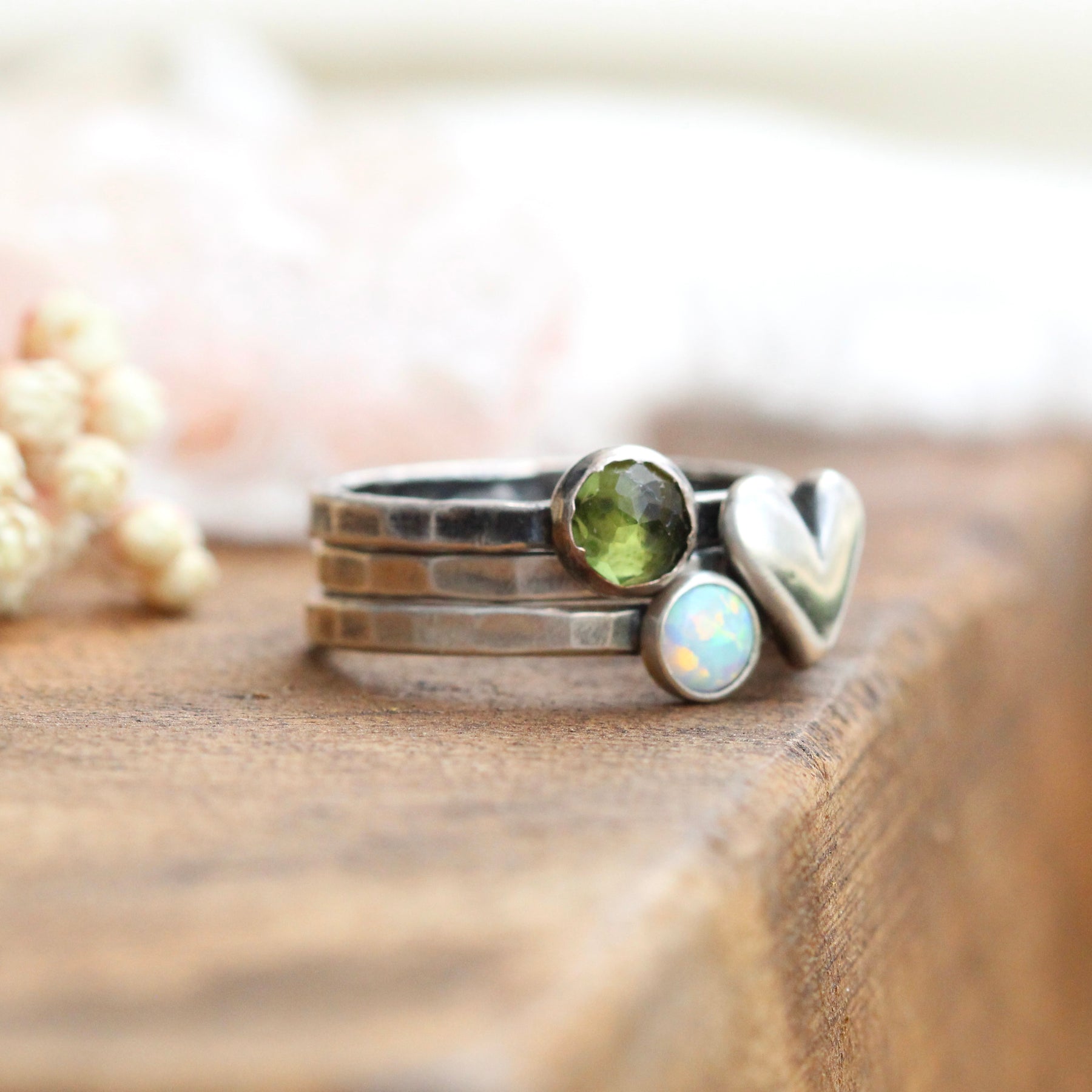 Heart and Stone stacking ring set