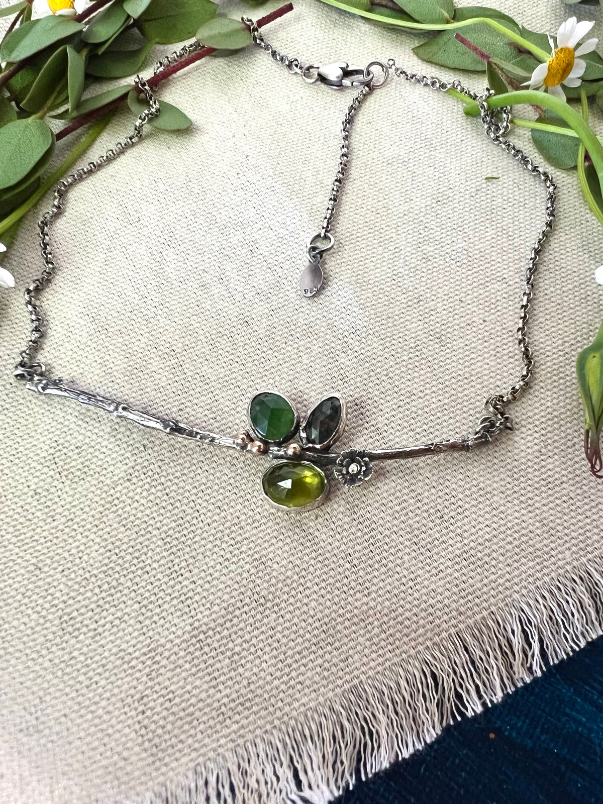 CLEARANCE SAMPLE SALE.  Poppy And Twig Green Sapphire, Peridot, Serpentine Silver Necklace