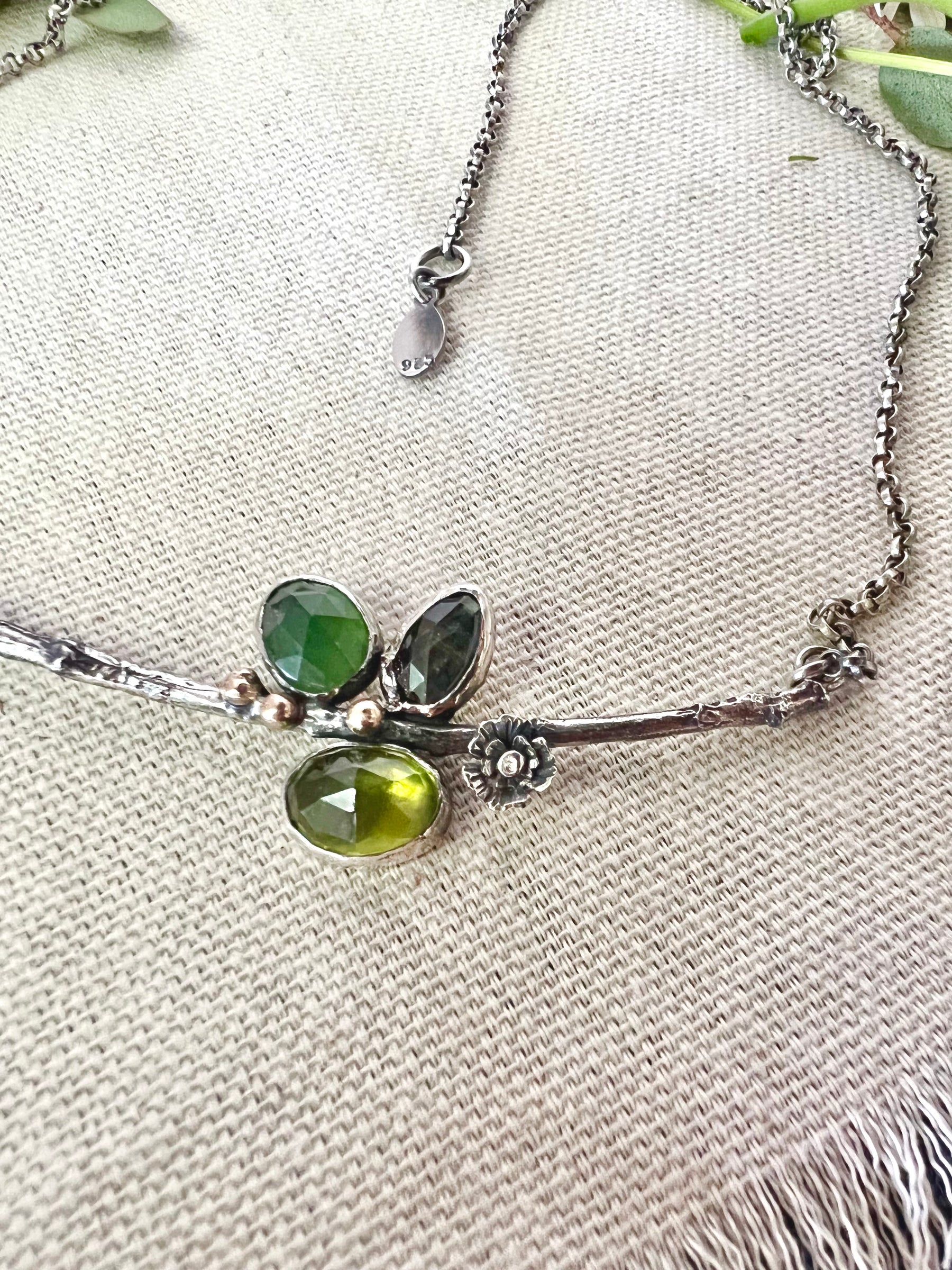 CLEARANCE SAMPLE SALE.  Poppy And Twig Green Sapphire, Peridot, Serpentine Silver Necklace