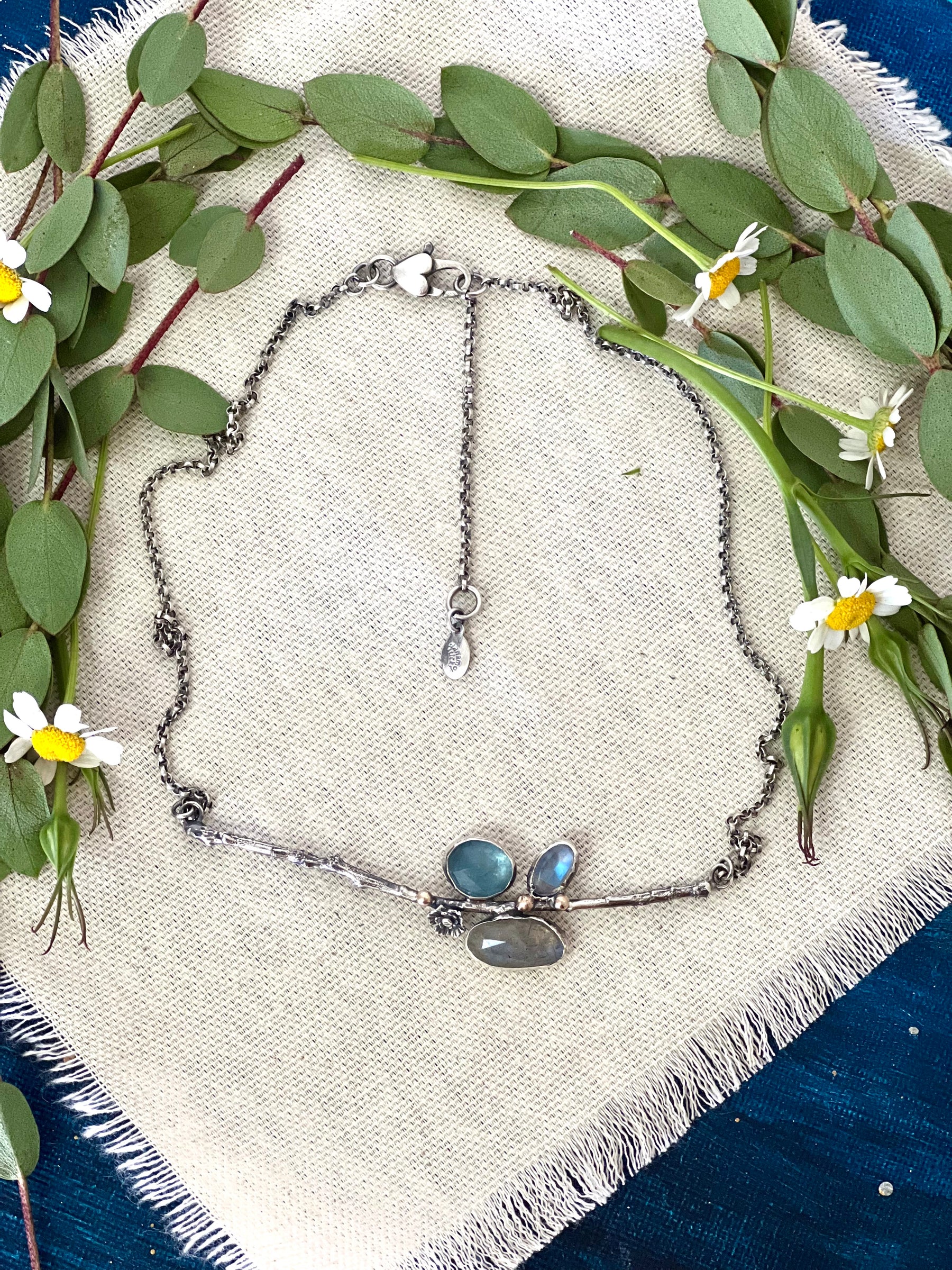 Poppy and Twig Aquamarine, Labradorite, Moonstone Silver Necklace