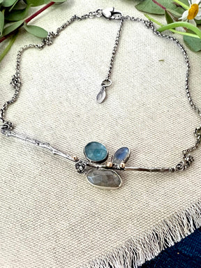 Poppy and Twig Aquamarine, Labradorite, Moonstone Silver Necklace
