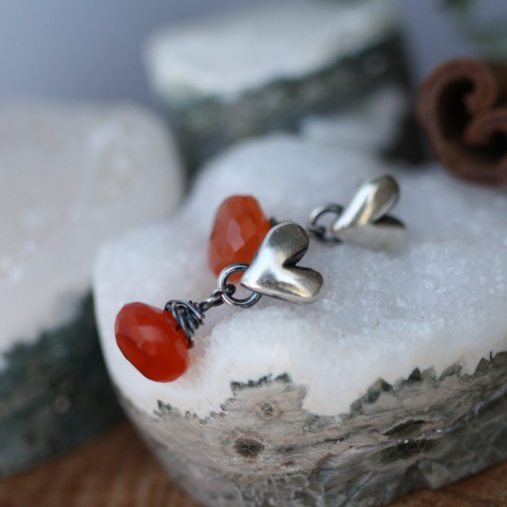 Sculpted Heart Carnelian Drop Post Earrings