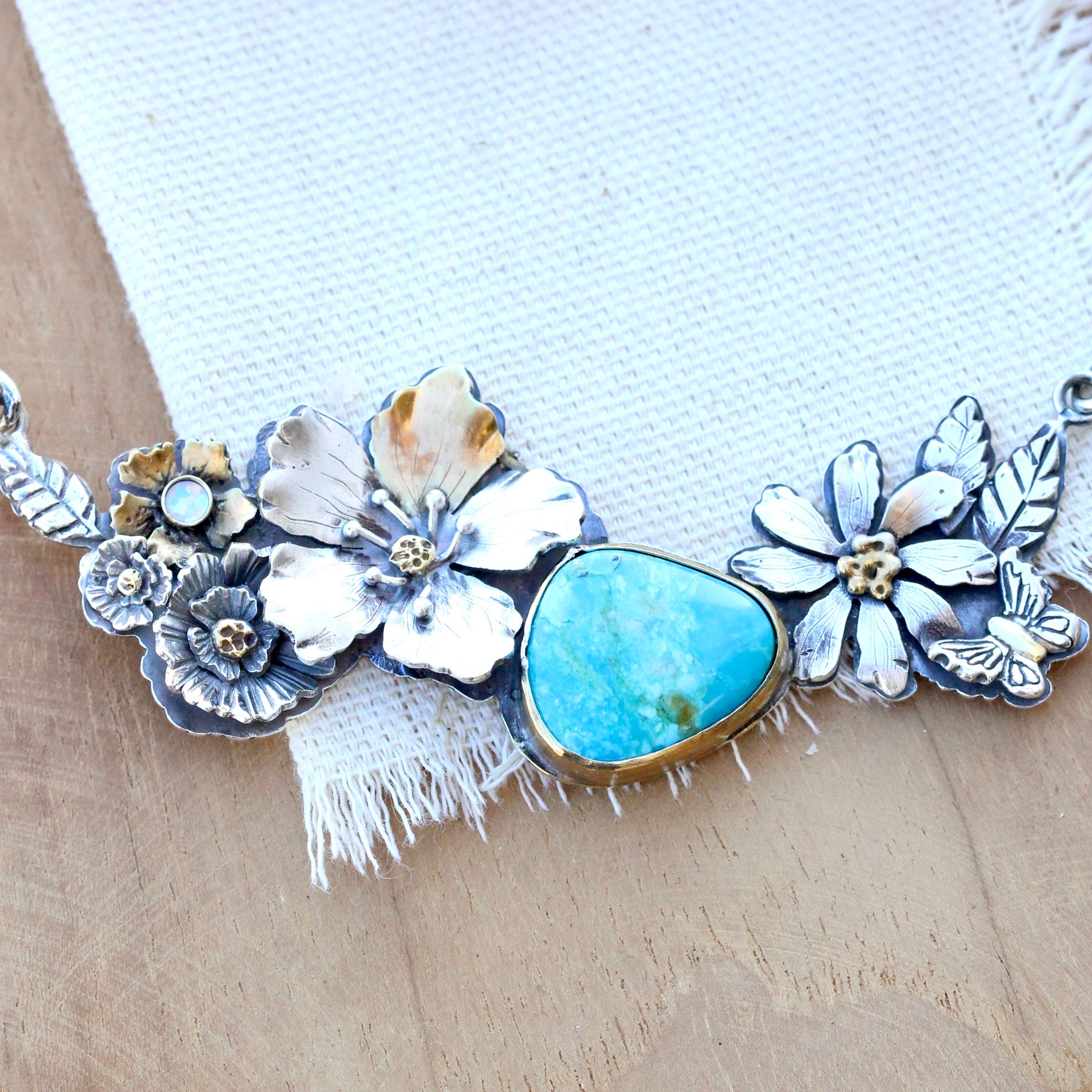 Clearance Sale Turquoise floral statement necklace with 18k gold accents