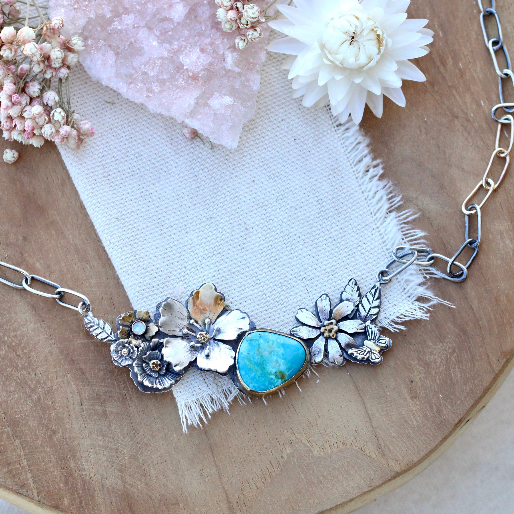 Clearance Sale Turquoise floral statement necklace with 18k gold accen
