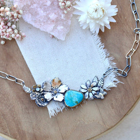 Clearance Sale Turquoise floral statement necklace with 18k gold accents